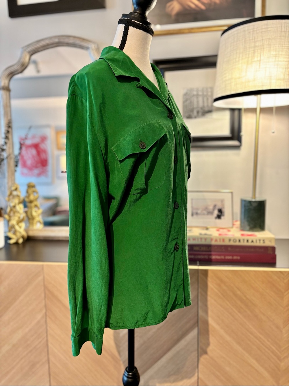 100% Silk PRINCIPLES Vintage Emerald Green Button-Up Shirt Medium - Picture 5 of 12